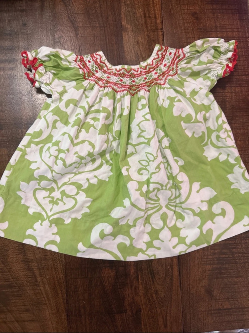 Girls Green & White Smocked Short Sleeve Dress with Pink Trim
